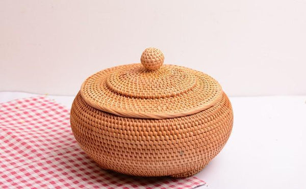 Round Storage Basket, Woven Storage Basket with Lid, Rattan Basket for Kitchen, Wicker Storage Basket-Grace Painting Crafts
