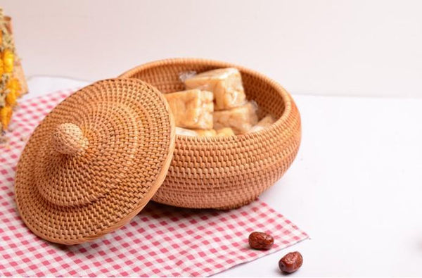 Round Storage Basket, Woven Storage Basket with Lid, Rattan Basket for Kitchen, Wicker Storage Basket-Grace Painting Crafts