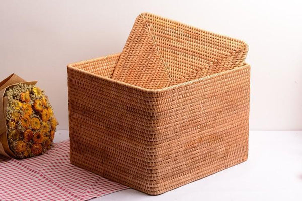Large Storage Basket for Living Room, Storage Basket for Clothes, Woven Rattan Storage Baskets, Rectangular Storage Basket, Storage Basket with Lid-Grace Painting Crafts