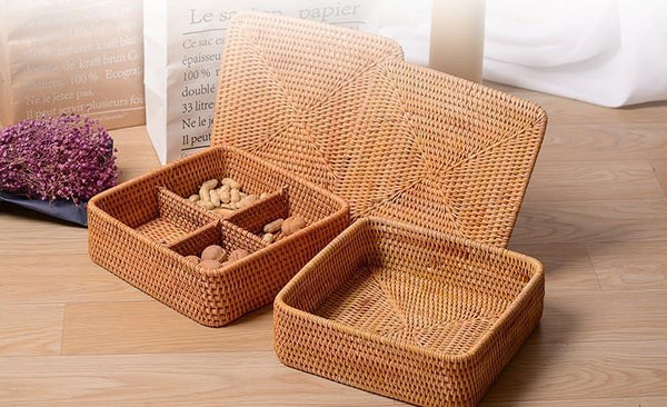 Storage Basket with Lid, Rattan Square Basket, Storage Basket with Lid, Kitchen Storage Baskets-Grace Painting Crafts