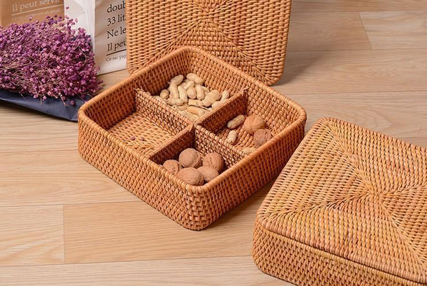 Storage Basket with Lid, Rattan Square Basket, Storage Basket with Lid, Kitchen Storage Baskets-Grace Painting Crafts