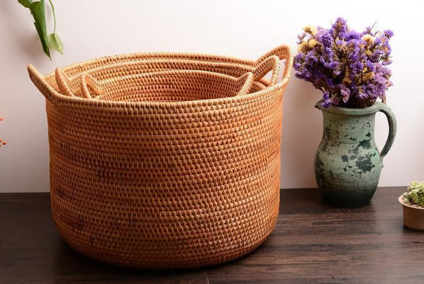 Large Woven Storage Basket with Handle, Large Rattan Basket, Large Round Storage Basket for Bathroom-Grace Painting Crafts