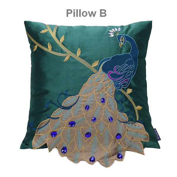Decorative Sofa Pillows, Decorative Pillows for Couch, Beautiful Decorative Throw Pillows, Green Embroider Peacock Cotton and linen Pillow Cover-Grace Painting Crafts