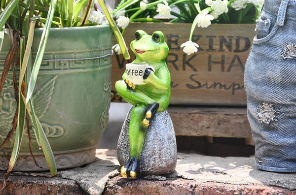 Frog Drinking Coffee Statue for Garden, Animal Statue for Garden Courtyard Ornament, Villa Outdoor Decor Gardening Ideas-Grace Painting Crafts