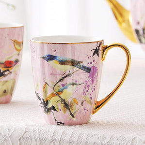 Elegant Pink Ceramic Coffee Mug, Beautiful Bird Flower Ceramic Mug, Large Creative Bone China Porcelain Mug, Large Capacity Ceramic Mugs for Office-Grace Painting Crafts