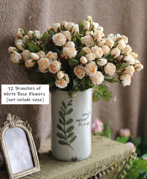 Wedding Artificial Flowers, 12 Branches of White Rose Flowers, White Rose Flower in Vase, Real Touch Flowers, Simple Flower Arrangement Ideas for Home Decoration-Grace Painting Crafts