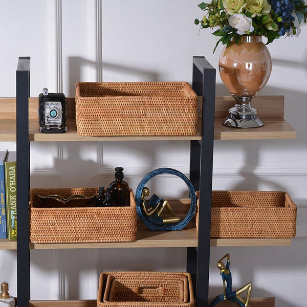 Large Woven Rattan Storage Basket, Rectangular Basket with Handle, Storage Baskets for Living Room-Grace Painting Crafts