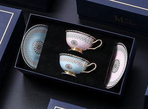 Royal Blue and Pink Bone China Porcelain Tea Cup Set, Tea Cups and Saucers in Gift Box, Elegant Ceramic Coffee Cups, Beautiful British Tea Cups-Grace Painting Crafts