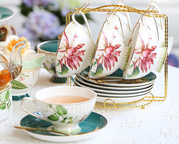 Lotus Flower Bone China Porcelain Tea Cup Set, Elegant Ceramic Coffee Cups, Beautiful British Tea Cups, Traditional English Tea Cups and Saucers-Grace Painting Crafts