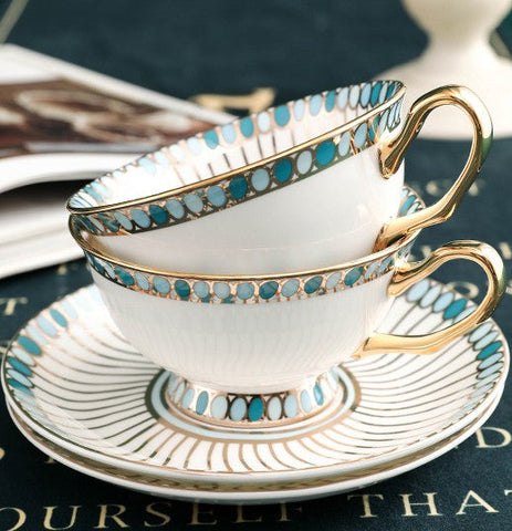 Unique Tea Cup and Saucer in Gift Box, Elegant British Ceramic Coffee Cups, Bone China Porcelain Tea Cup Set for Office, Green Ceramic Cups-Grace Painting Crafts