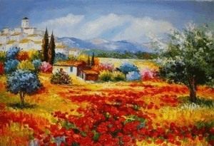Landscape Painting, Canvas Painting, Red Poppy Field, Wall Art, Large Painting, Living Room Wall Art, Cypress Tree, Oil Painting, Canvas Art, Autumn Painting  