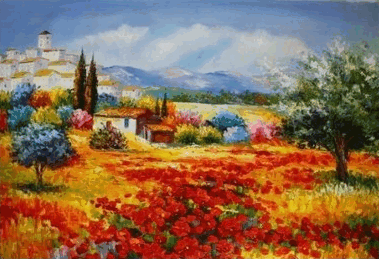 Landscape Painting, Canvas Painting, Red Poppy Field, Wall Art, Large Painting, Living Room Wall Art, Cypress Tree, Oil Painting, Canvas Art, Autumn Painting  
