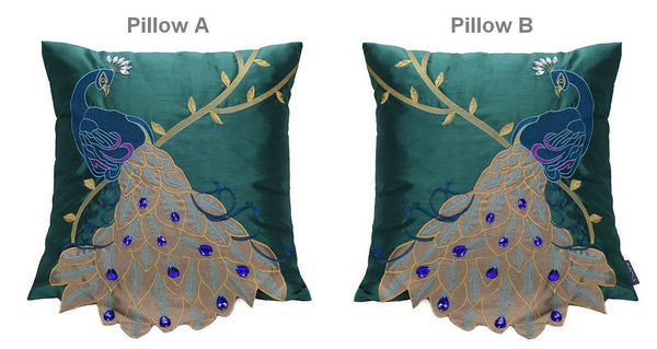 Decorative Sofa Pillows, Decorative Pillows for Couch, Beautiful Decorative Throw Pillows, Green Embroider Peacock Cotton and linen Pillow Cover-Grace Painting Crafts