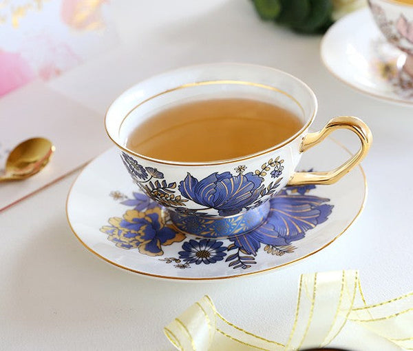 Elegant Ceramic Coffee Cups, Afternoon British Tea Cups, Unique Iris Flower Tea Cups and Saucers in Gift Box, Royal Bone China Porcelain Tea Cup Set-Grace Painting Crafts