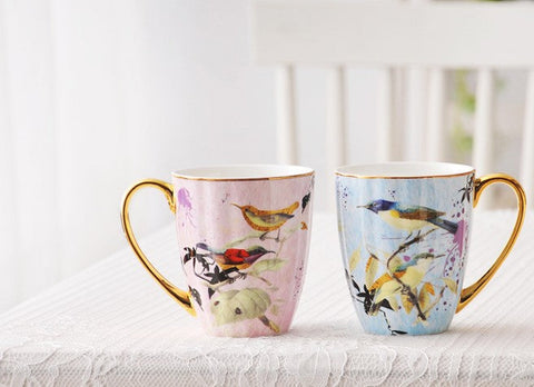 Elegant Ceramic Coffee Mug, Beautiful Bird Flower Ceramic Mug, Large Creative Bone China Porcelain Mug, Large Capacity Ceramic Mugs for Office-Grace Painting Crafts