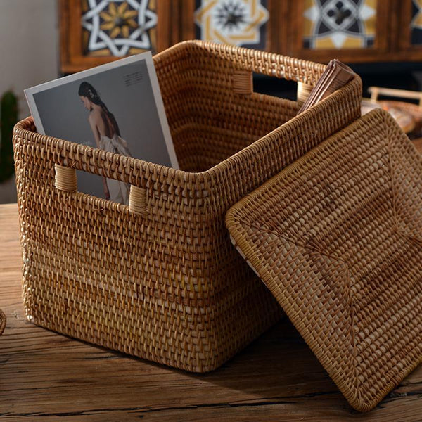 Rectangular Storage Basket with Lid, Rattan Storage Baskets for Clothes, Kitchen Storage Baskets, Oversized Storage Baskets for Living Room-Grace Painting Crafts