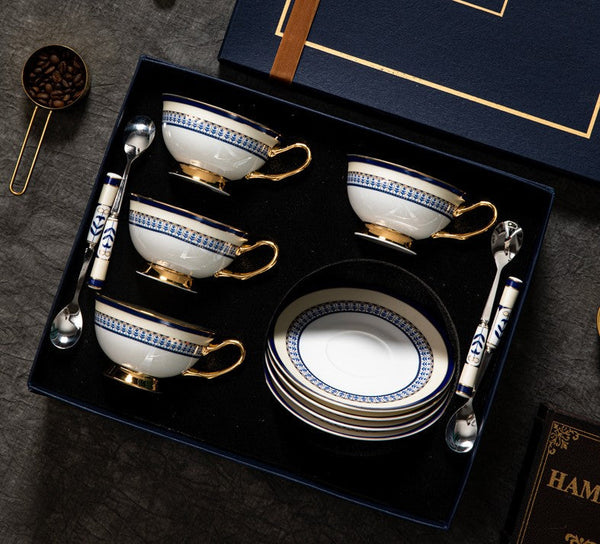 Elegant British Ceramic Coffee Cups, Unique British Tea Cup and Saucer in Gift Box, Blue Bone China Porcelain Tea Cup Set-Grace Painting Crafts