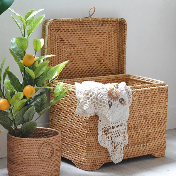 Large Rectangular Storage Basket with Lid, Rattan Storage Case, Storage Baskets for Bedroom, Rectangular Woven Storage Baskets for Clothes-Grace Painting Crafts