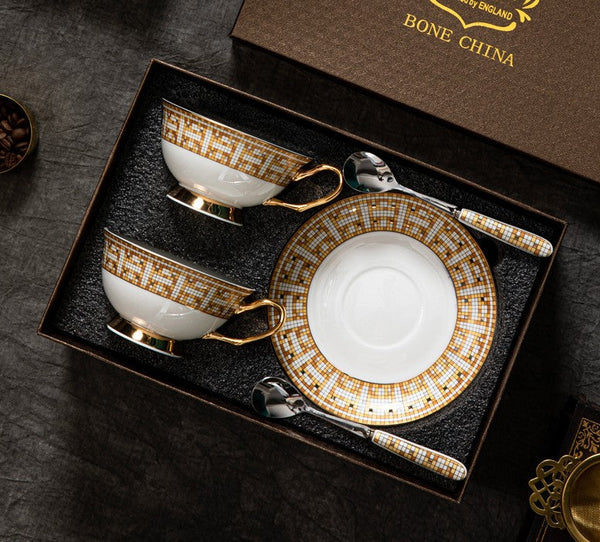 Handmade Elegant British Ceramic Coffee Cups, Unique Tea Cup and Saucer in Gift Box, Bone China Porcelain Tea Cup Set for Office, Yellow Ceramic Cups-Grace Painting Crafts