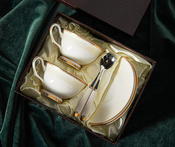 Bone China Porcelain Coffee Cup Set, White Ceramic Cups, Elegant British Ceramic Coffee Cups, Unique Tea Cup and Saucer in Gift Box-Grace Painting Crafts