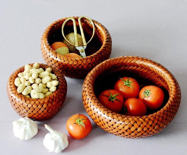 Farmhouse Small Storage Basket, Woven Snacks Basket, Bamboo Storage Basket, Round Storage Basket for Kitchen, Set of 3-Grace Painting Crafts