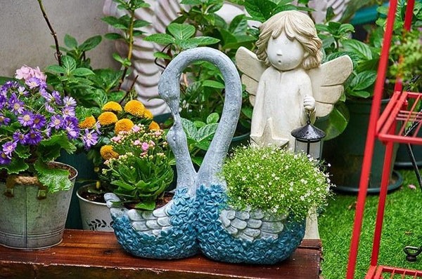 Large Mother and Baby Swans for Garden, Swan Flowerpot, Animal Statue for Garden Courtyard Ornament, Villa Outdoor Decor Gardening Ideas-Grace Painting Crafts