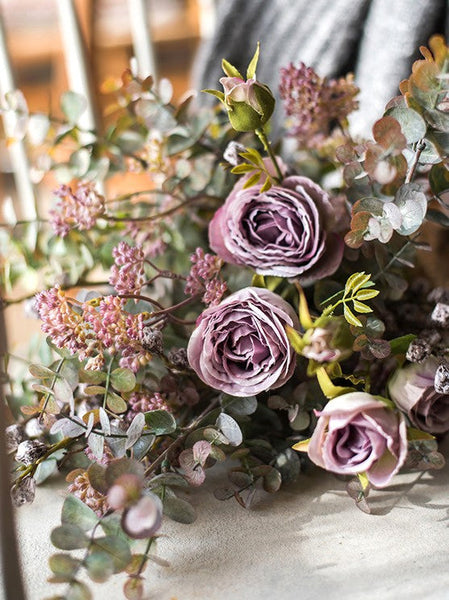 Artificial Floral for Bedroom, Bunch of Purple Rose Flowers, Eucalyptus globulus, Botany Plants, Creative Flower Arrangement Ideas for Home Decoration-Grace Painting Crafts