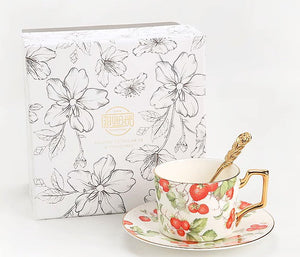 Strawberry Bone China Porcelain Tea Cup Set, Elegant Ceramic Coffee Cups, British Royal Ceramic Cups for Afternoon Tea, Unique Blue Tea Cup and Saucer in Gift Box-Grace Painting Crafts