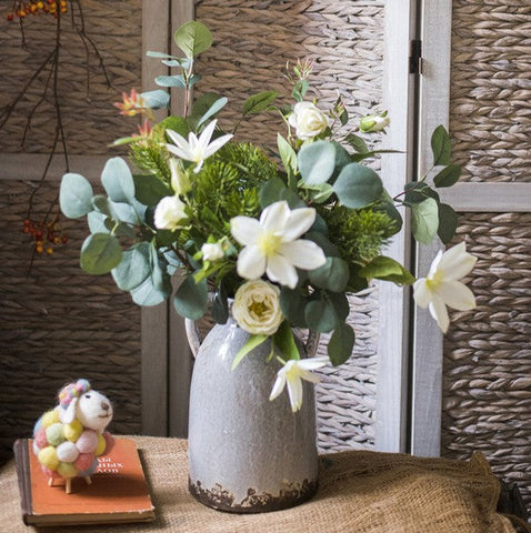 Eucalyptus Globulus, Clematis, White Rose Flowers, Unique Flower Arrangement for Home Decoration, Beautiful Modern Artificial Flowers for Dining Room Table-Grace Painting Crafts