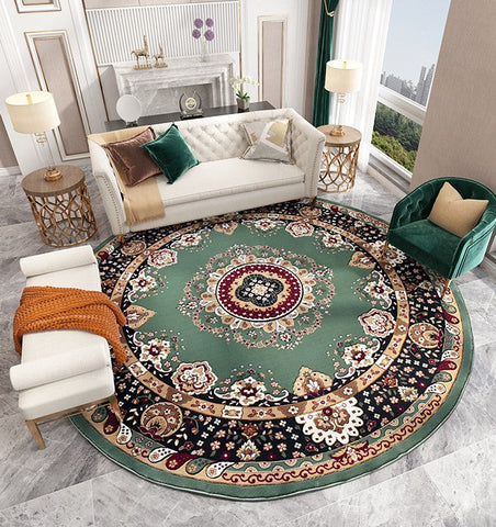 Large Modern Rugs under Piano, Royal Round Rugs in Living Room, Luxury Green Round Rugs under Coffee Table, Large Floor Carpets in Bedroom-Grace Painting Crafts