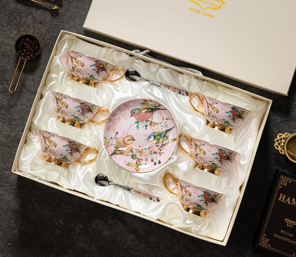 Unique Tea Cup and Saucer in Gift Box, Lovely Birds Ceramic Cups, Elegant Ceramic Coffee Cups, Afternoon Bone China Porcelain Tea Cup Set-Grace Painting Crafts