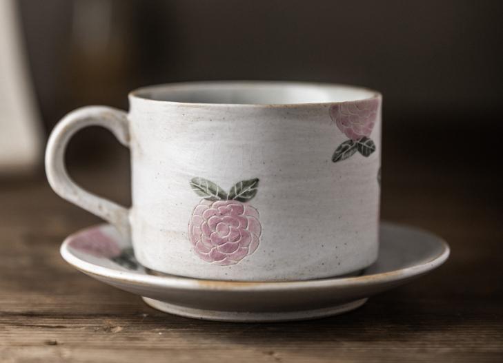 Cappuccino Coffee Mug, Rose Flower Pattern Coffee Cup, Tea Cup, Pottery Coffee Cups, Coffee Cup and Saucer Set-Grace Painting Crafts