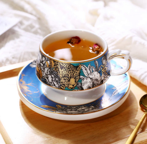 Creative Ceramic Tea Cups and Saucers, Jungle Tiger Cheetah Porcelain Coffee Cups, Unique Ceramic Cups with Gold Trim and Gift Box-Grace Painting Crafts