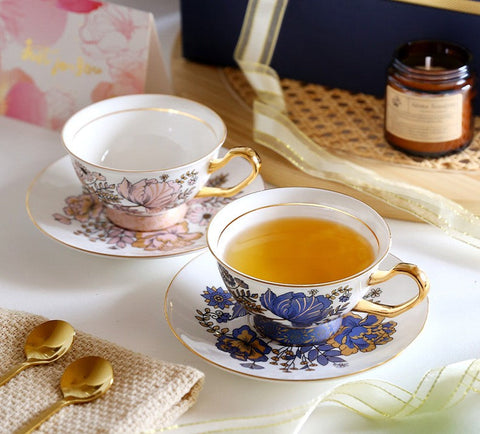 Elegant Ceramic Coffee Cups, Afternoon British Tea Cups, Unique Iris Flower Tea Cups and Saucers in Gift Box, Royal Bone China Porcelain Tea Cup Set-Grace Painting Crafts