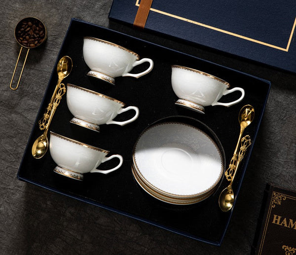 Bone China Porcelain Coffee Cup Set, White Ceramic Cups, Elegant British Ceramic Coffee Cups, Unique Tea Cup and Saucer in Gift Box-Grace Painting Crafts