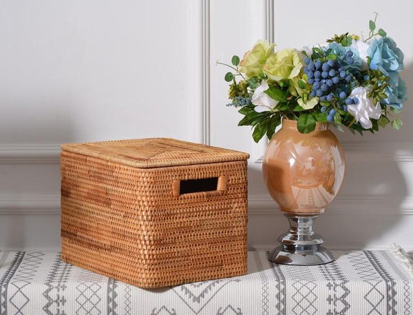 Rectangular Storage Basket with Lid, Woven Rattan Storage Basket for Shelves, Storage Baskets for Bedroom, Pantry Storage Baskets-Grace Painting Crafts