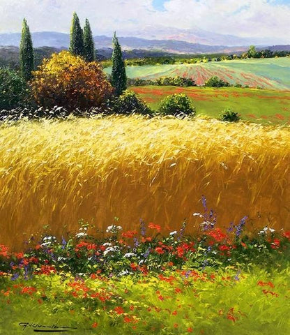 Canvas Painting, Landscape Painting, Wheat Field, Wall Art, Large Painting, Living Room Wall Art, Cypress Tree, Oil Painting, Canvas Art, Autumn Painting-Grace Painting Crafts