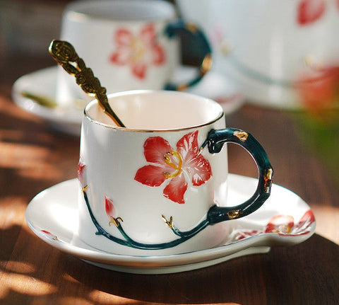 Afternoon British Tea Cups, Creative Bone China Porcelain Tea Cup Set, Traditional English Tea Cups and Saucers, Unique Ceramic Coffee Cups-Grace Painting Crafts