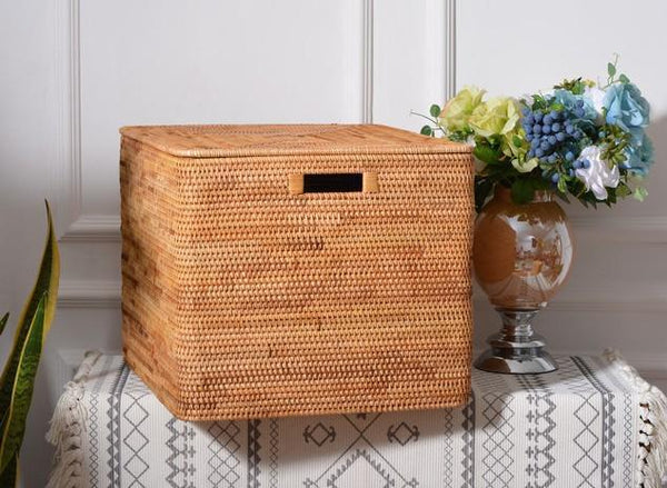 Rattan Rectangular Storage Basket with Lid, Extra Large Storage Baskets for Clothes, Storage Baskets for Bedroom, Woven Storage Baskets for Living Room-Grace Painting Crafts