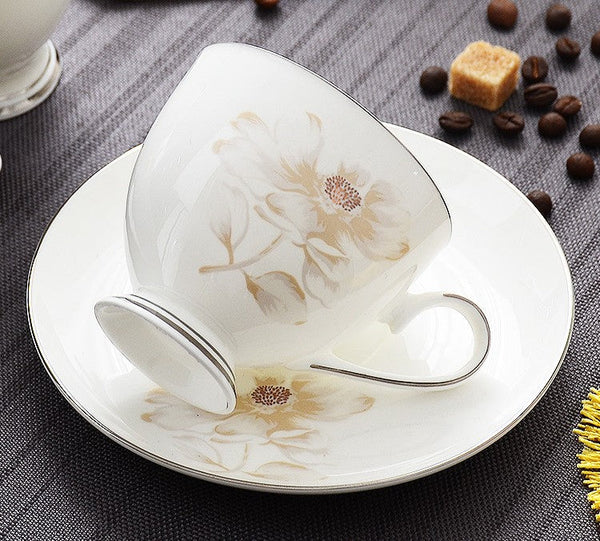 Elegant Flower Pattern Ceramic Coffee Cups, Beautiful British Tea Cups, Unique Porcelain Cup and Saucer, Creative Bone China Porcelain Tea Cup Set-Grace Painting Crafts