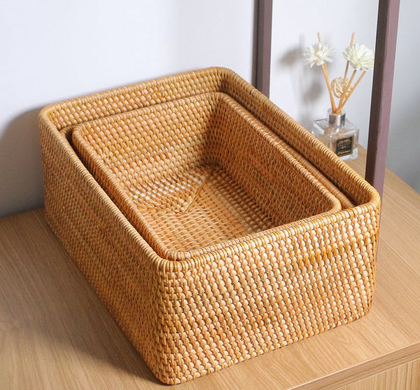 Rectangular Storage Basket for Living Room, Small Kitchen Storage Baskets, Woven Storage Baskets, Rattan Storage Baskets for Shelves-Grace Painting Crafts