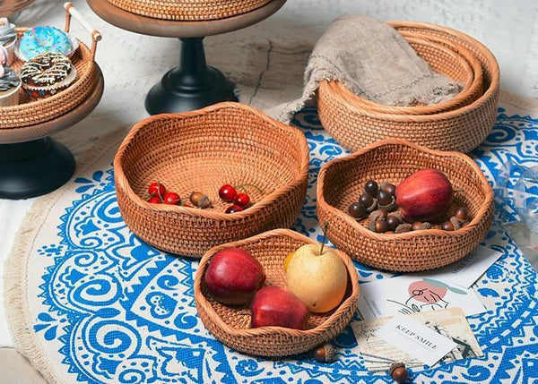 Woven Round Storage Basket, Rattan Storage Basket, Fruit Basket, Storage Baskets for Kitchen-Grace Painting Crafts