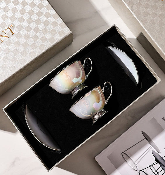 Silver Bone China Porcelain Tea Cup Set, Elegant Ceramic Coffee Cups, Beautiful British Tea Cups, Tea Cups and Saucers in Gift Box as Birthday Gift-Grace Painting Crafts
