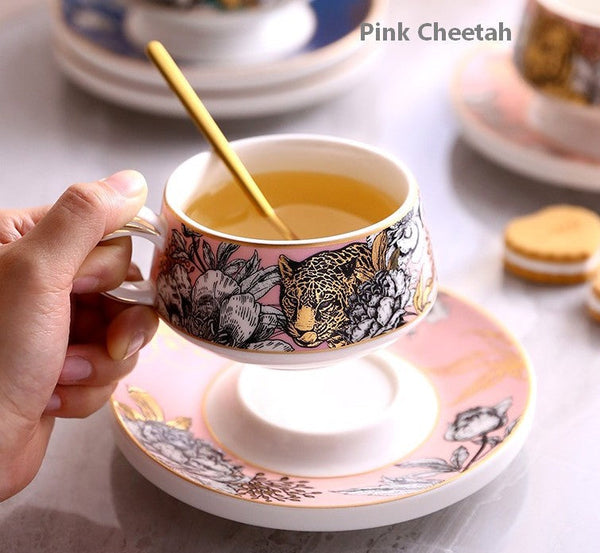 Handmade Ceramic Cups with Gold Trim and Gift Box, Jungle Tiger Cheetah Porcelain Coffee Cups, Creative Ceramic Tea Cups and Saucers-Grace Painting Crafts