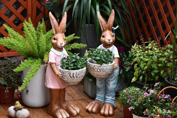 Garden Courtyard Ornament Ideas, Large Rabbit Lovers Statue for Garden, Bunny Flowerpot, Villa Outdoor Decor Gardening Ideas, Small Garden Design Ideas-Grace Painting Crafts