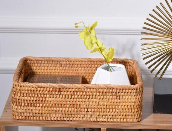 Woven Rectangular Basket with Handle, Rattan Storage Basket for Shelves, Woven Storage Baskets for Bathroom-Grace Painting Crafts