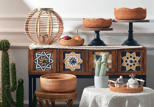 Woven Round Storage Basket, Rattan Storage Basket, Fruit Basket, Storage Baskets for Kitchen-Grace Painting Crafts