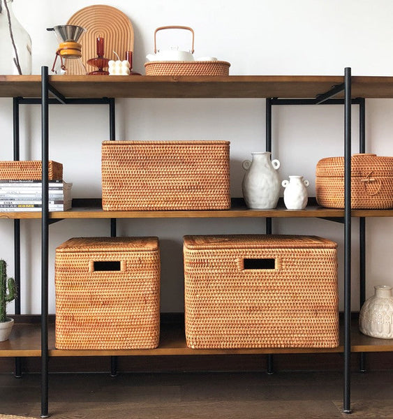 Kitchen Storage Baskets, Rectangular Storage Basket with Lid, Rattan Storage Baskets for Clothes, Storage Baskets for Living Room-Grace Painting Crafts
