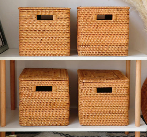 Rectangular Storage Basket with Lid, Kitchen Storage Baskets, Rattan Storage Baskets for Clothes, Storage Baskets for Living Room-Grace Painting Crafts