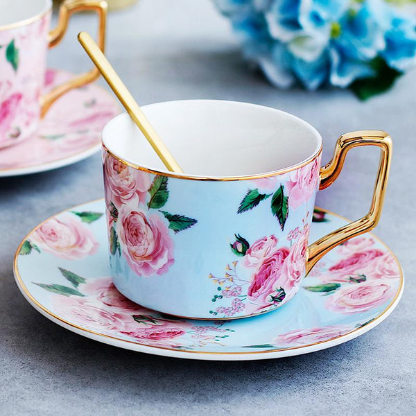 Pink Coffee Cups with Gold Trim and Gift Box, Porcelain Coffee Cups, British Tea Cups, Rose Flower Tea Cups and Saucers, Latte Coffee Cups-Grace Painting Crafts